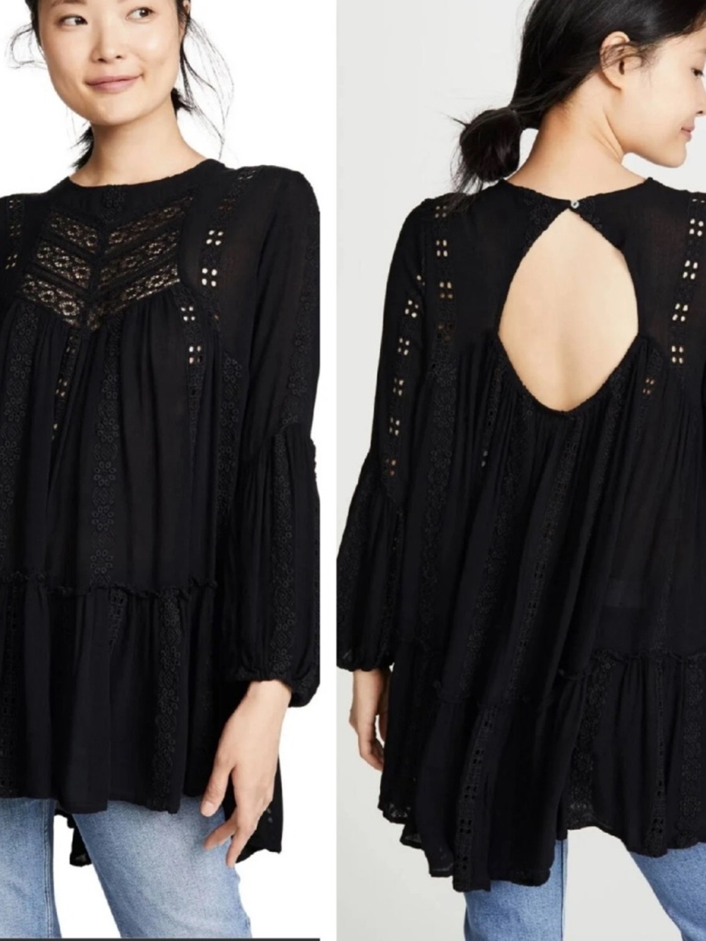 Free People Black Kiss Kiss Lace Embroidered Tunic Size L NWT